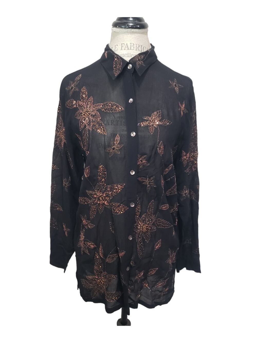 Chico’s Design Black Semi Sheer Embroidered Beaded Flowers Button Down Blouse